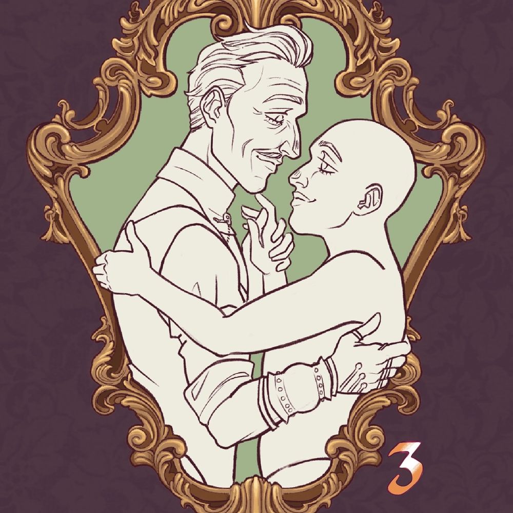 half-body depiction of emmrich volkarin and a blank character (your rook or OC) while slow-dancing, gazing lovingly in each other’s eyes