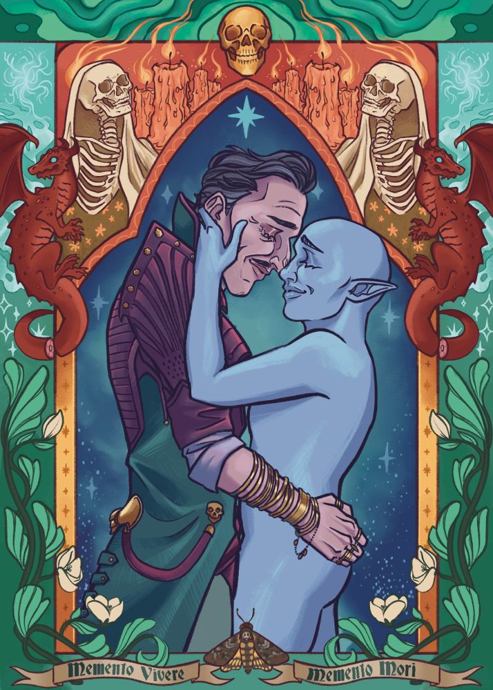 A tender embrace between a blank OC and Emmrich Volkarin, around them an ornate frame depicting flowers, dragons, skeletons, wisps and candles. Underneath the figures are the words ‘Memento Vivere’ and ‘Memento Mori’ in two banners, in the centre a death-head moth.