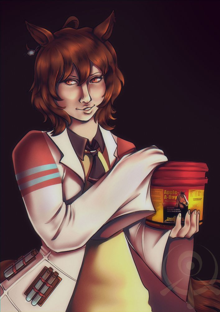 Agnes tachyon looking at the camera smiling, with a huge bucket of horse electrolyte in hands 