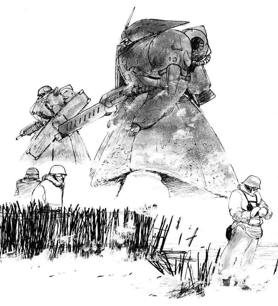 Two big Zeon mobile suits in a field. Zeon infantry mill about the tall grass by its feet.