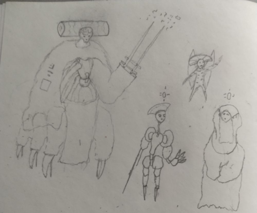 A large six legged noble with two long prong fingers, a spindly noble, and a noble covered in a headdress and robe. A child flies above them