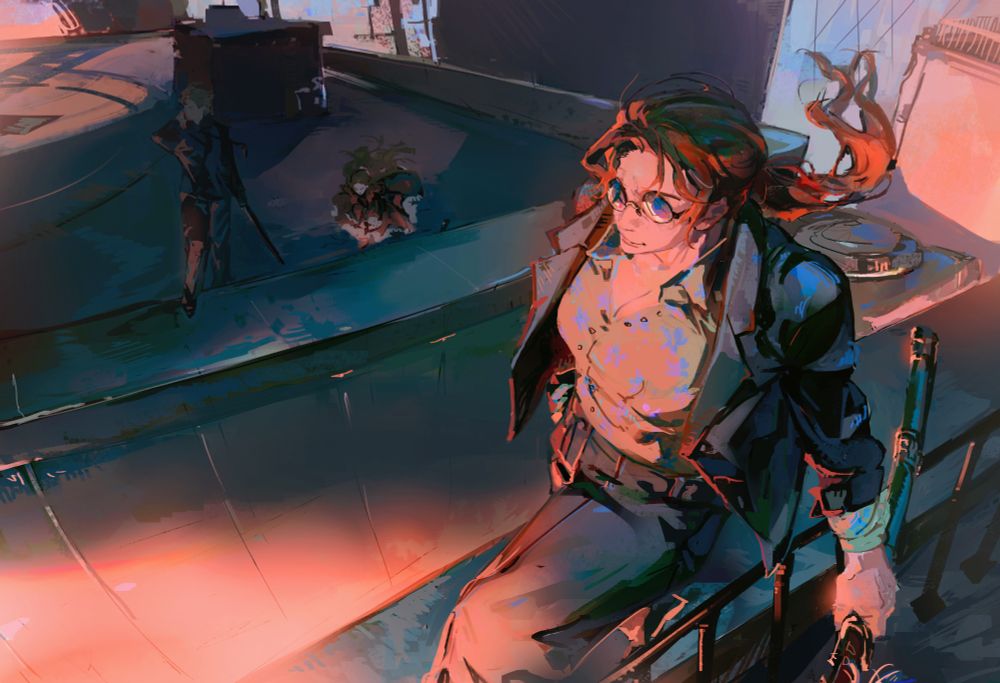 Our three heroes chilling on top of a building. The buff woman is leaning on a rail with her sword. The doll leaps off a ledge in the background. The third woman is standing next to the doll, gazing in the distance