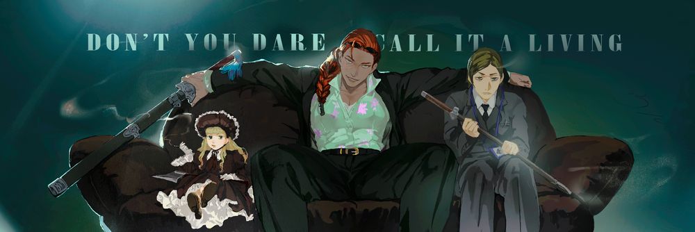 3 characters sitting on a couch together. The far left character is a victorian doll smoking a cigarette with a hatchet in her lap. The middle character is a large woman in a nice suit casually holding a sword. The character on the right is a timid woman gripping a sword. 