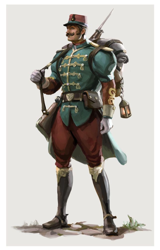 a man dressed in a fanciful green and red military uniform inspired by the uniforms of 1901 Europe. 