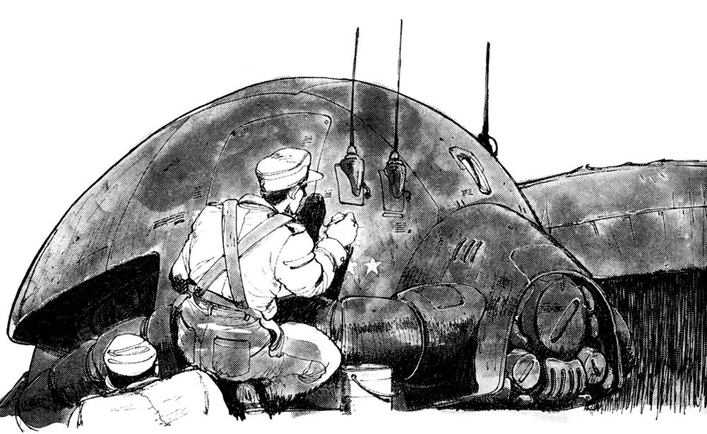 A Zeon mechanic carefully servicing a zaku mobile suit head.