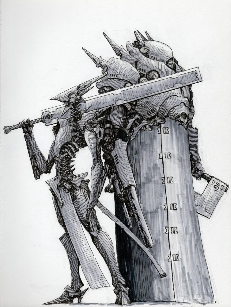 Two cybernetic knights stand side by side. The skeletal one wields a long sword. The taller knight wields a beefy axe and has an arm gun. 