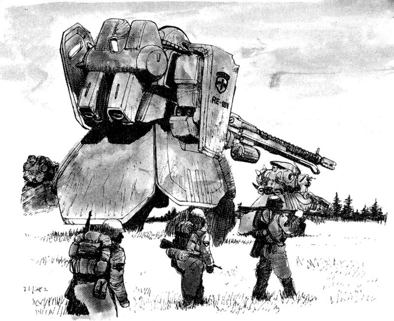 Zeon mobile suits and infantry crossing an open field.