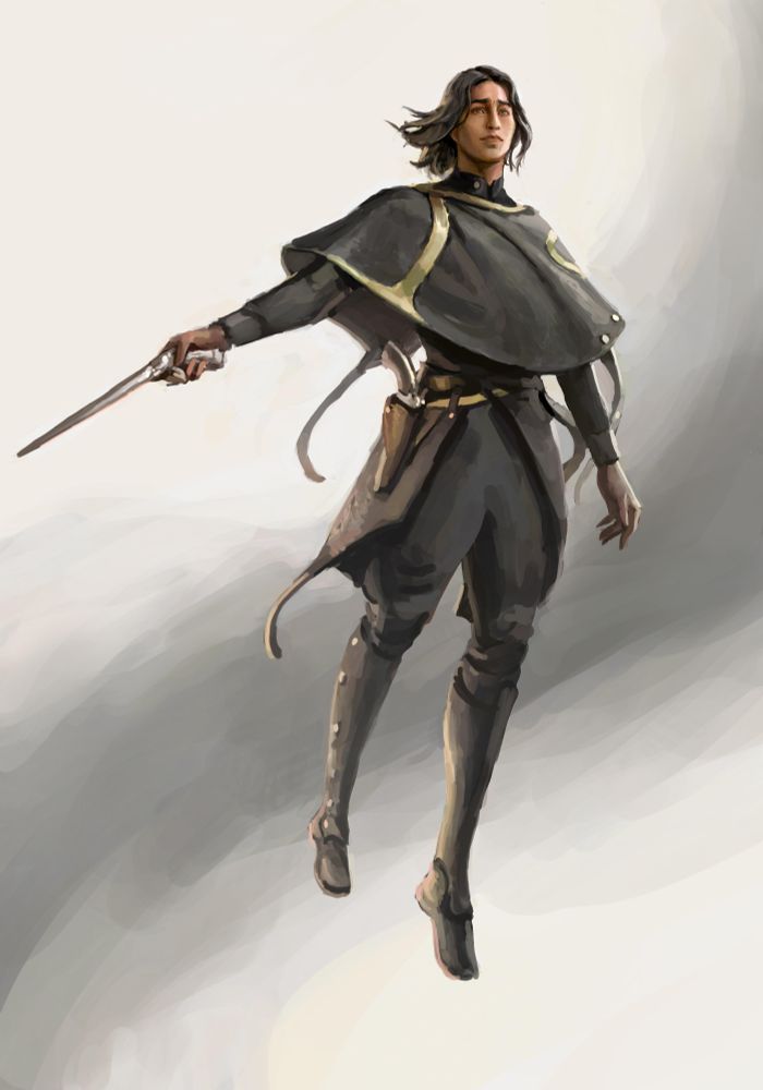 a frail man wearing a black uniform, tall boots, and cloak for his upper body. He is levitating and wields a wand in one hand.  