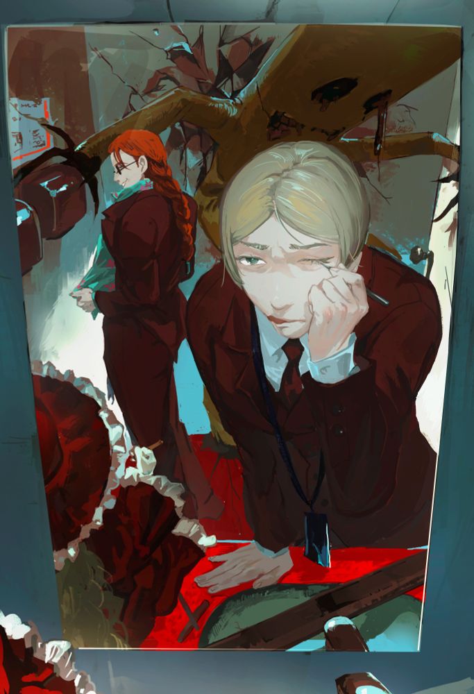 a woman in a business suit and name badge lanyard applying makeup in a public bathroom mirror. A Victorian doll sits on the counter next to her chuffing a dart. A third character is drying her shirt in the background with a smirk. And a wacky inflatable tube man demon is pinned to the wall in the background. 