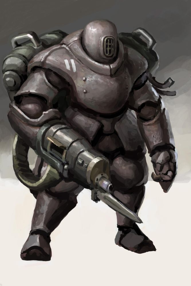 a hulking suit of iron, similar to a diving suit, with one arm wielding a belt-fed machine gun