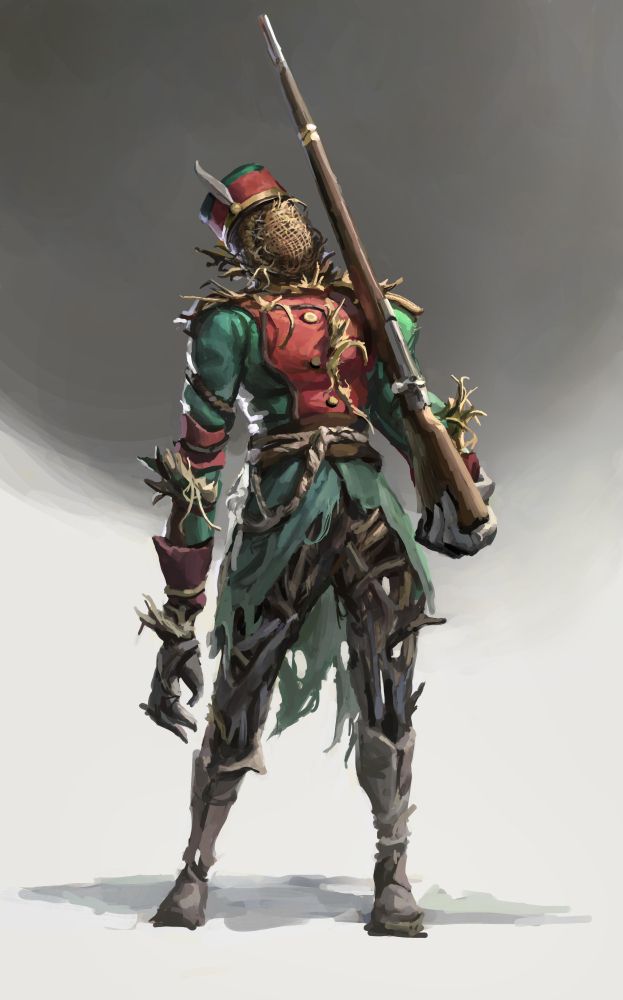 a creature made of wicker in the shape of a man, wearing a tattered, yet still fanciful, military uniform.