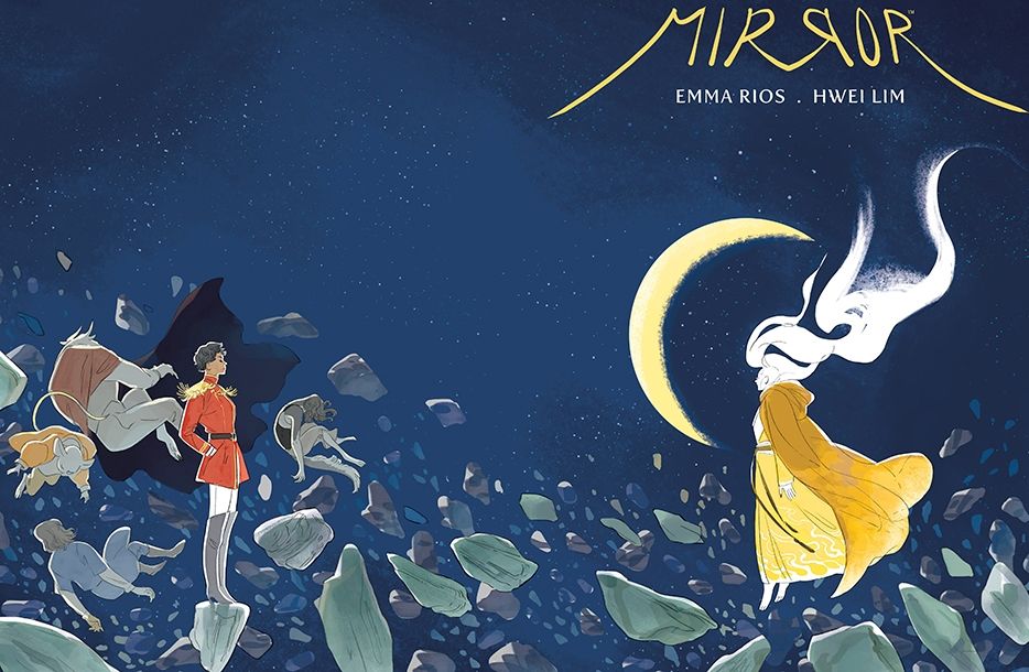 Mirror comic cover, with two characters facing each other across an astroid field, and additional characters floating listlessly in zero g