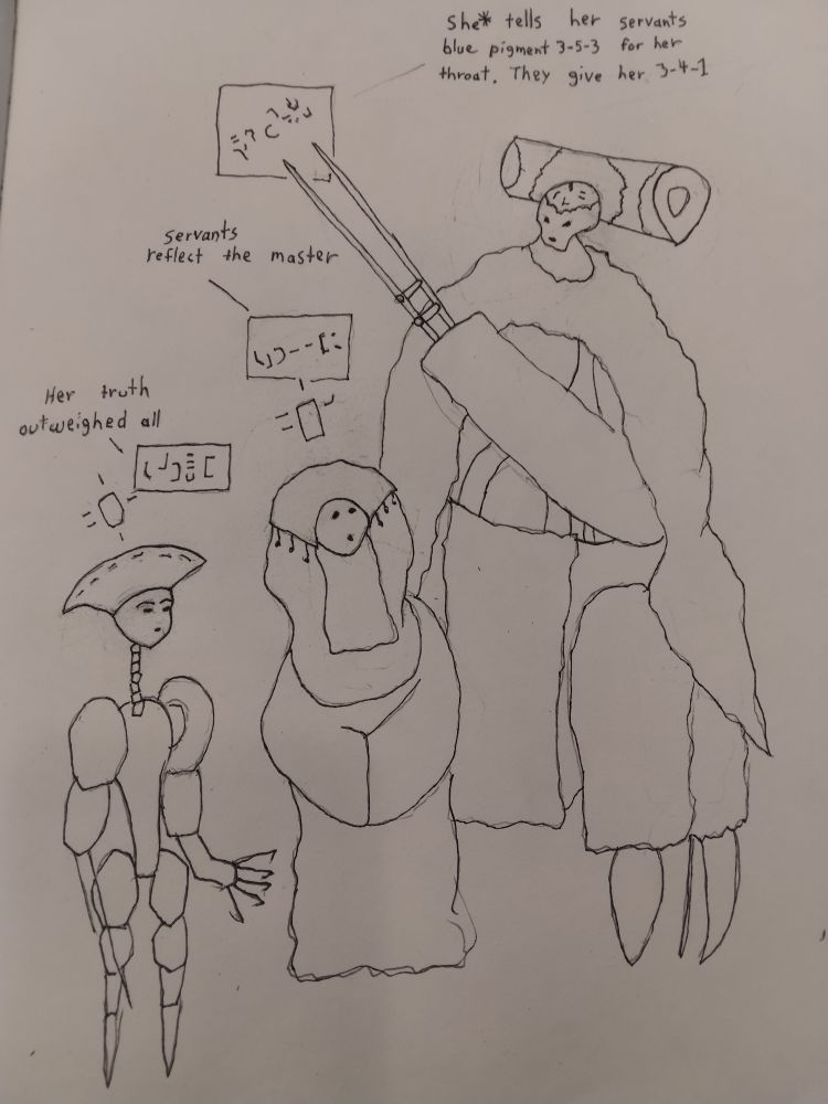 Three nobles. The first says "she tells her servants blue pigment 3-5-3 for her throat. They give her 3-4-1" the second says "servants reflect the master". The third says "her truth outweighed all"