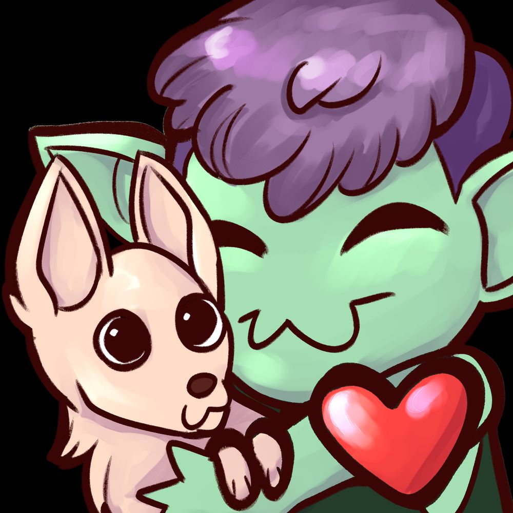 An emote of a purple haired goblin hugging a smiling chihuahua with a red heart on top of them