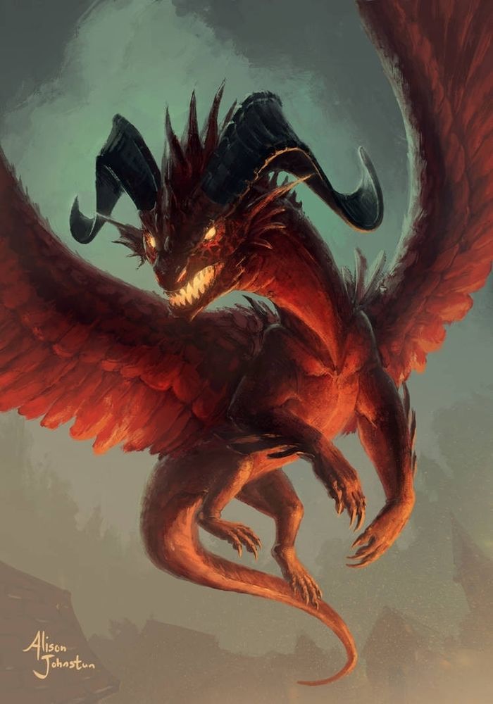 Menacing red dragon flying over fire lit town