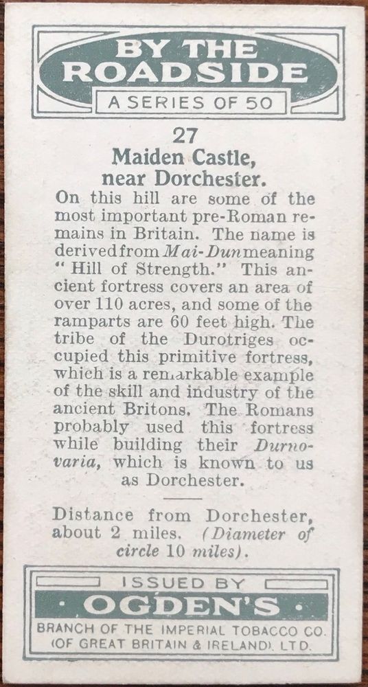 Rear of cigarette card of Maiden Castle with information text about the site.