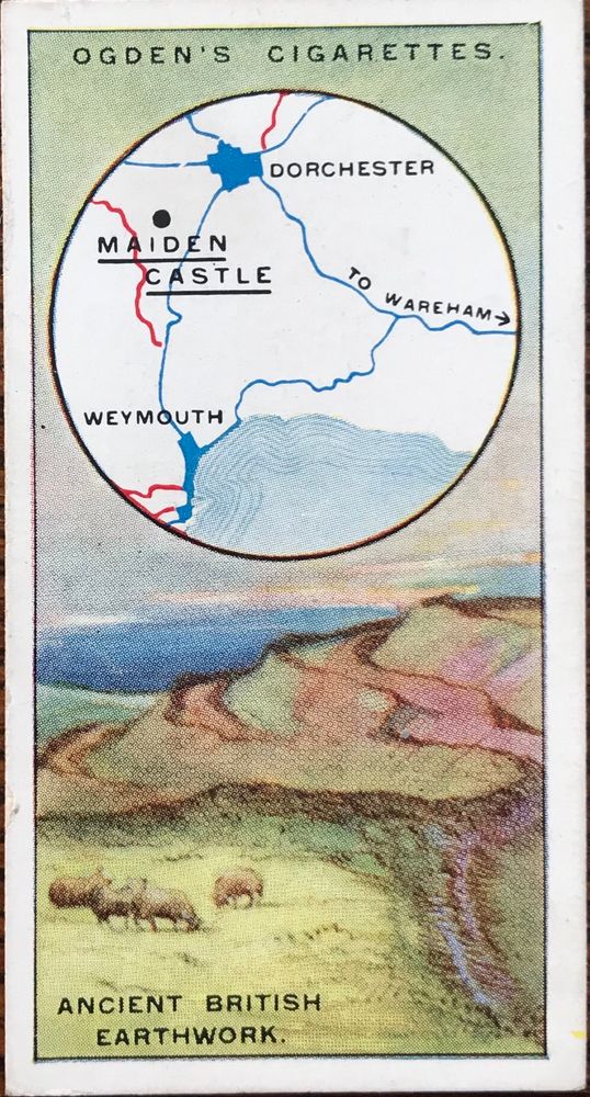 Illustrated cigarette card of Maiden Castle.