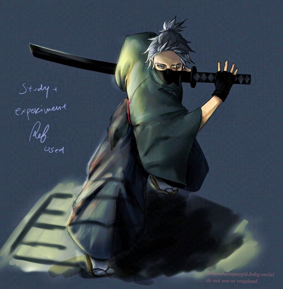  Drawing of Kakashi as a samurai, his right hand reaching out to his katana