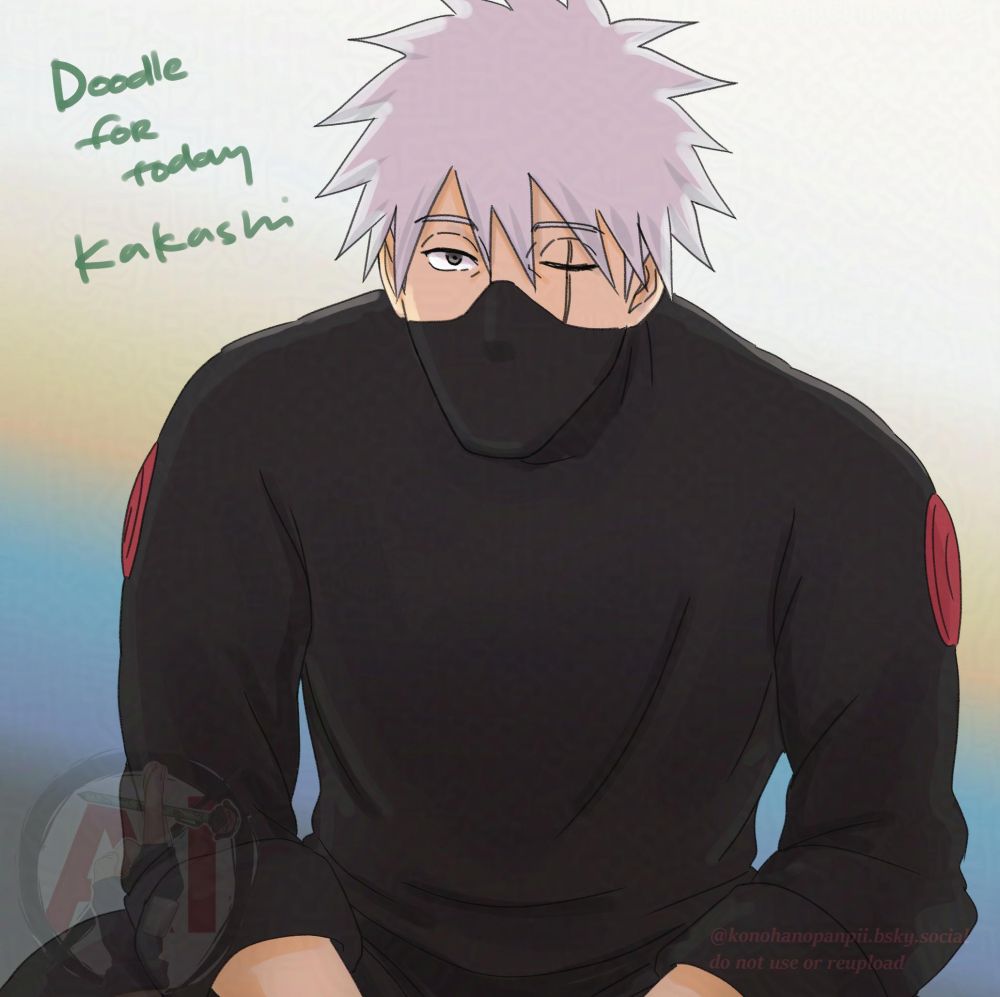 A drawing of Kakashi with his left eye closed and looking at the viewer
