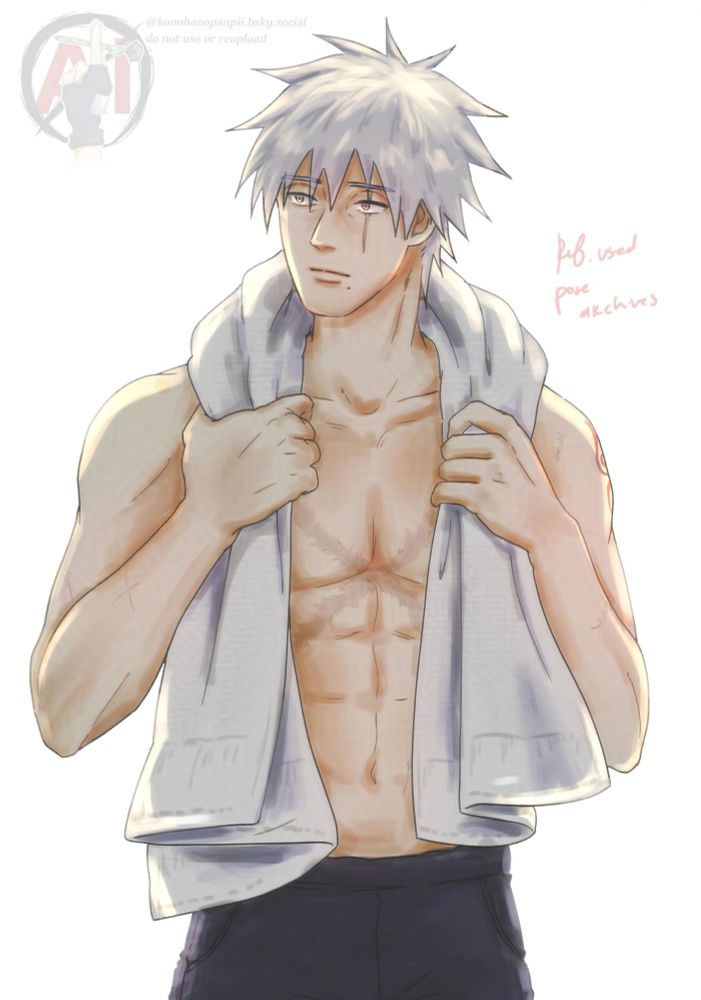 A drawing of Kakashi with a towel around his neck