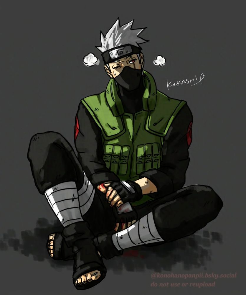 A drawing of Kakashi sitting and holding his injured arm with his hand, panting 