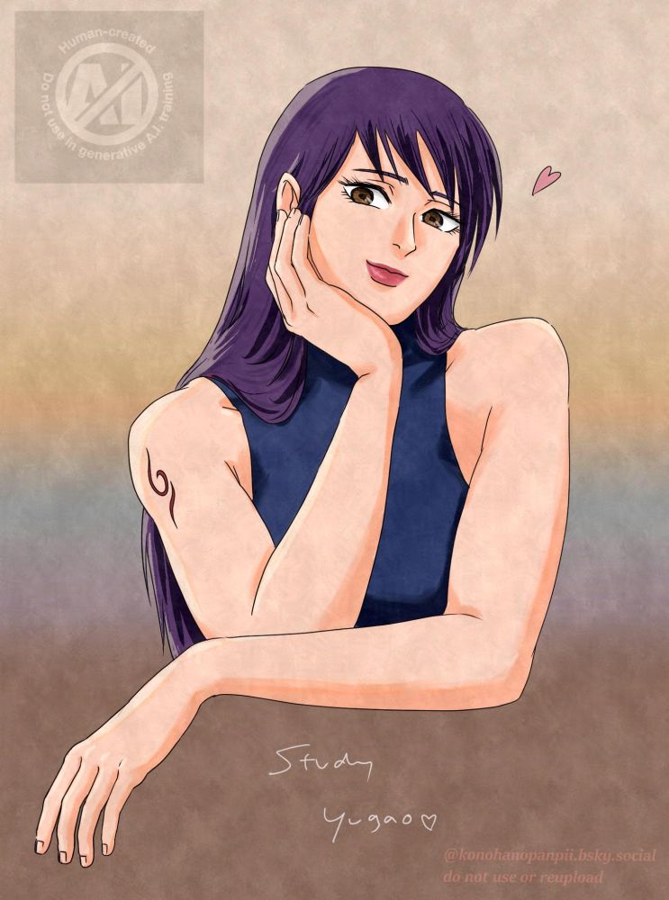 A drawing of Yugao resting her face on her hand