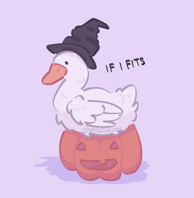 A goose sitting on top of a carved pumpkin with a witch hat on its head. Text beside it reads “If I fits”, in reference to the meme “If I fits, I sits”
