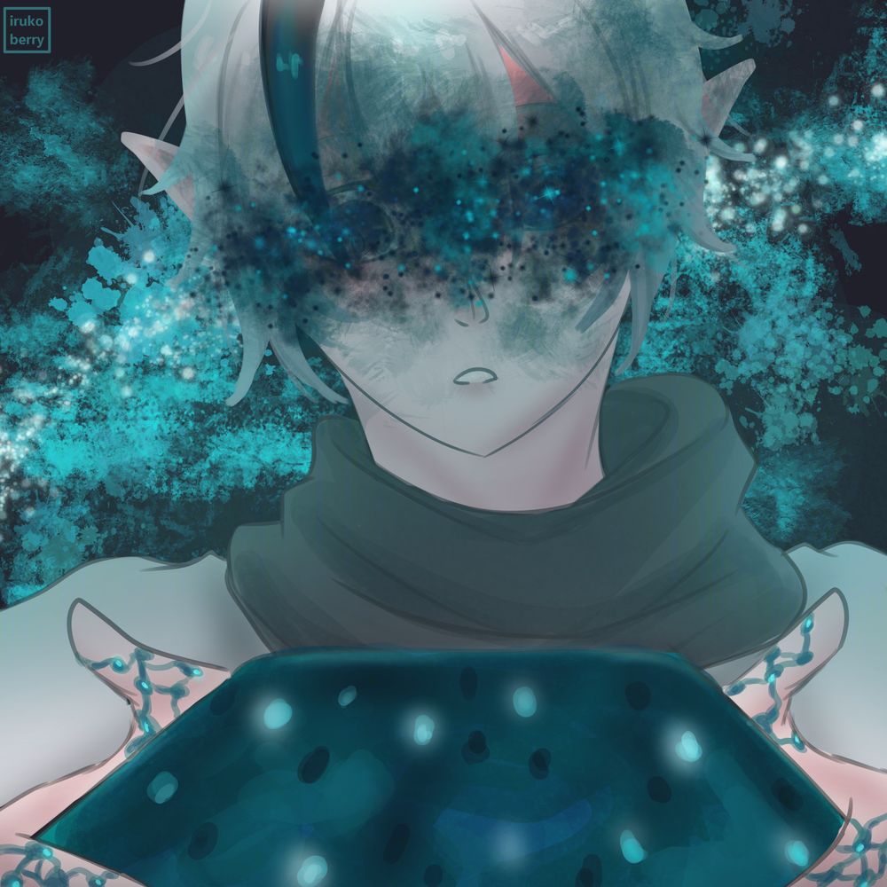 Sketch of Neva (Neil L Krampus) holding a piece of Sculk, don't showing his eyes.