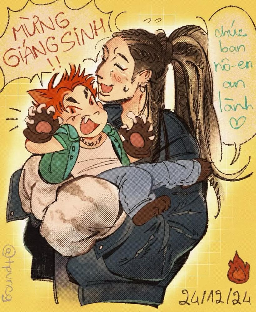 a secret santa digital drawing of BB Trần and Kay Trần from ATVNCG in their NÉT layouts. Kay is chibified while BB is holding him. mom and boy both wishes for you to have a merry christmas. its in my typical style, with warm tones and scratchy ink lines