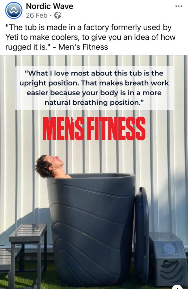 A Facebook advert for a company called Nordic Wave, selling a standing outdoor tub, which is just a bin filled with water. 