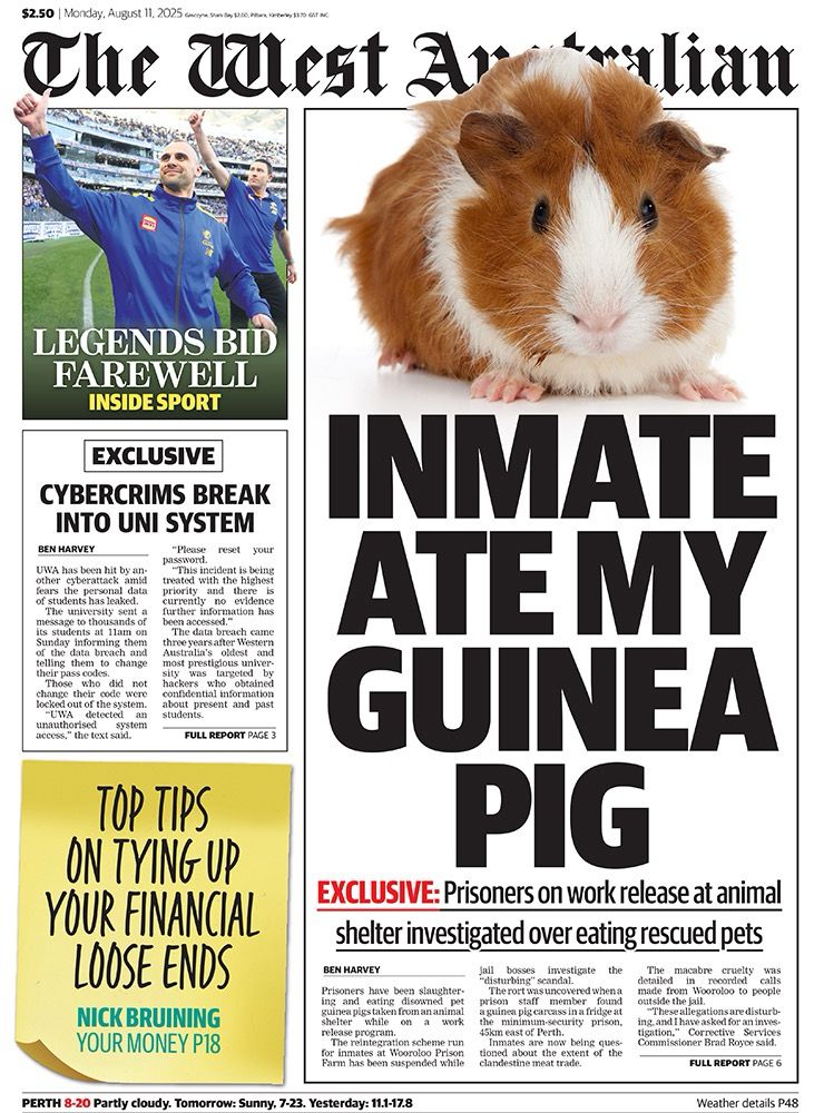 INMATE ATE MY GUINEA PIG
EXCLUSIVE: Prisoners on work release at animal shelter investigated over eating rescued pets
