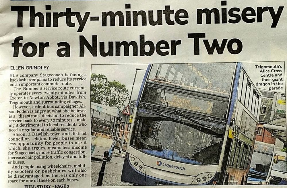 Teignmouth local paper: Thirty-minute misery for a Number Two It’s about Stagecoach enshittening the bus timetable. 
