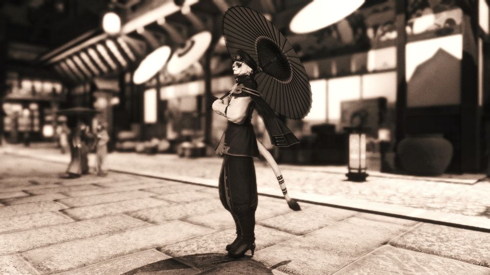 hrothgar stands in the kugane streets. she holds an umbrella in the night market. she and the market are draped in sepia. 