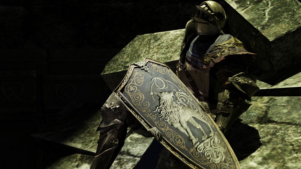 a knight rests in stone rubble, looking up towards a weak source of light. their kite shield, azure with silver engravings of a wolf howling to the moon, lies on their leg.