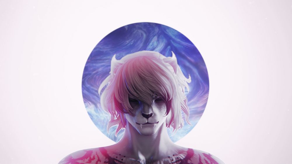 hrothgar, framed only from the shoulders up, standing in front of a swirling circle of blue-y hue-y colors. her hair is frizzy and thick. she dwells in thought. bright pink, purple, white lights dazzle her body.