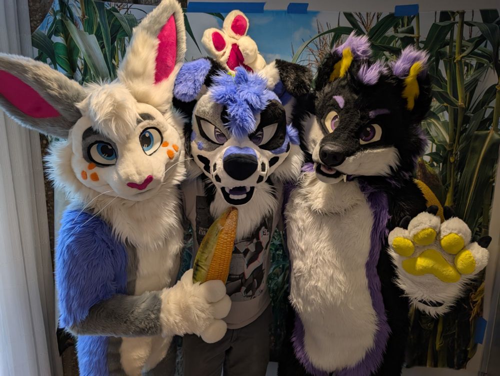 Lea Bunny holding a cob of corn, Gabe Collie, and Blazi Wolf