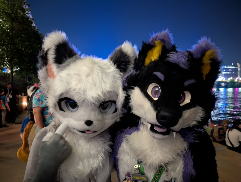 Takuma the Wolf and Blazi Wolf at the waterfront near the Pittsburgh Convention Center 