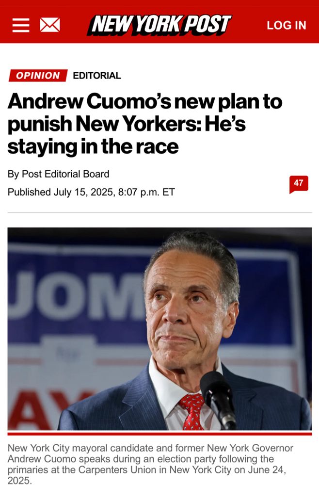 New York Post headline Andrew Como’s plan new plan to punish New Yorkers staying in the race