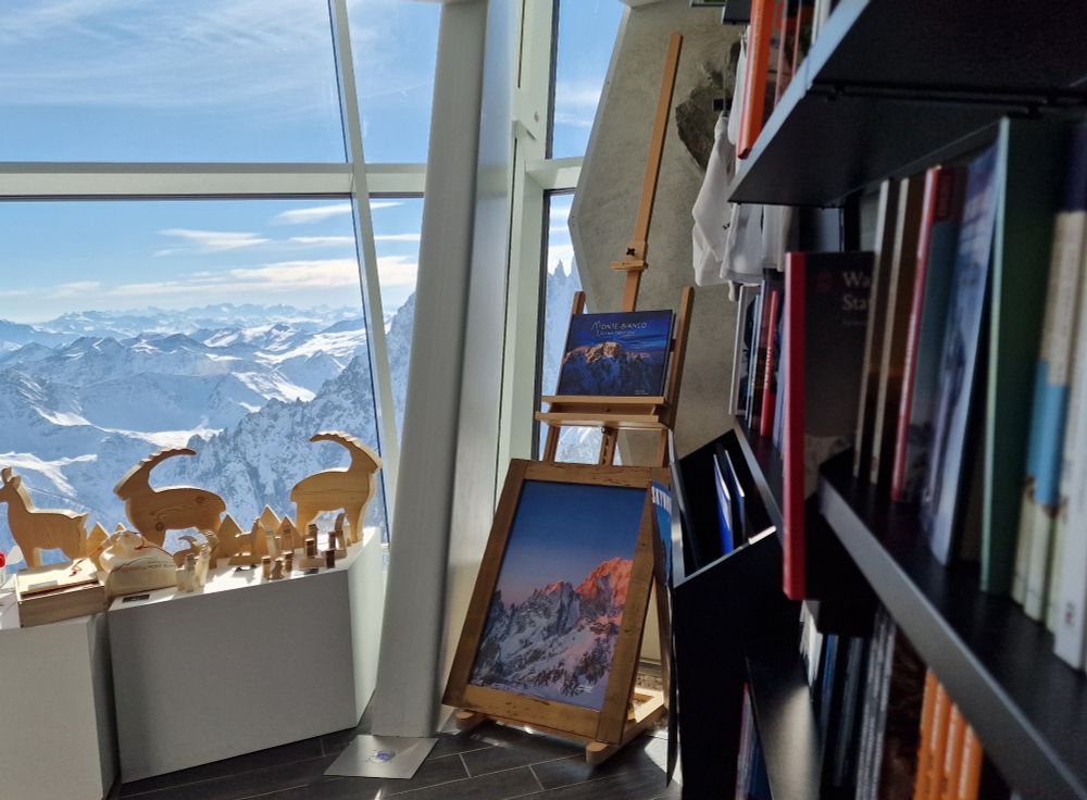 Interior of a small Italian bookshop with an insane view of mountaintops out of the window and a display of wooden ibex 