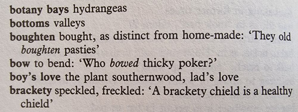 Glossary text reads: "boughten, as distinct from home-made: 'They old boughten pasties'"