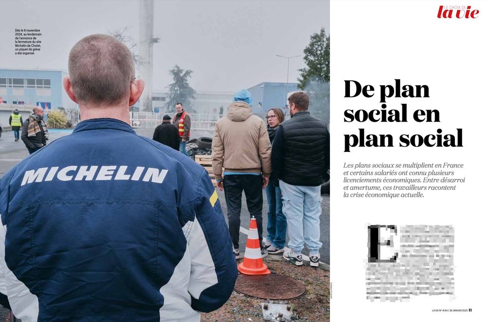 Screenshot of page 10 and 11 of La Vie magazine N4144 published 30/01/25. My picture represents a man from the back wearing a Michelin jacket in front of the Michelin factory in Cholet, France with other strikers on the second day after the site closure was announced. Adrien Auzanneau / Hans Lucas #hanslucas #strike #demonstration #photography #documentary