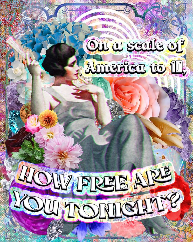 A Coles Phillips illustration from The Saturday Evening Post featuring a relaxed being looking off right surrounded by flowers, minerals, and gems. Text reads: On a scale of America to 10, how free are you tonight?