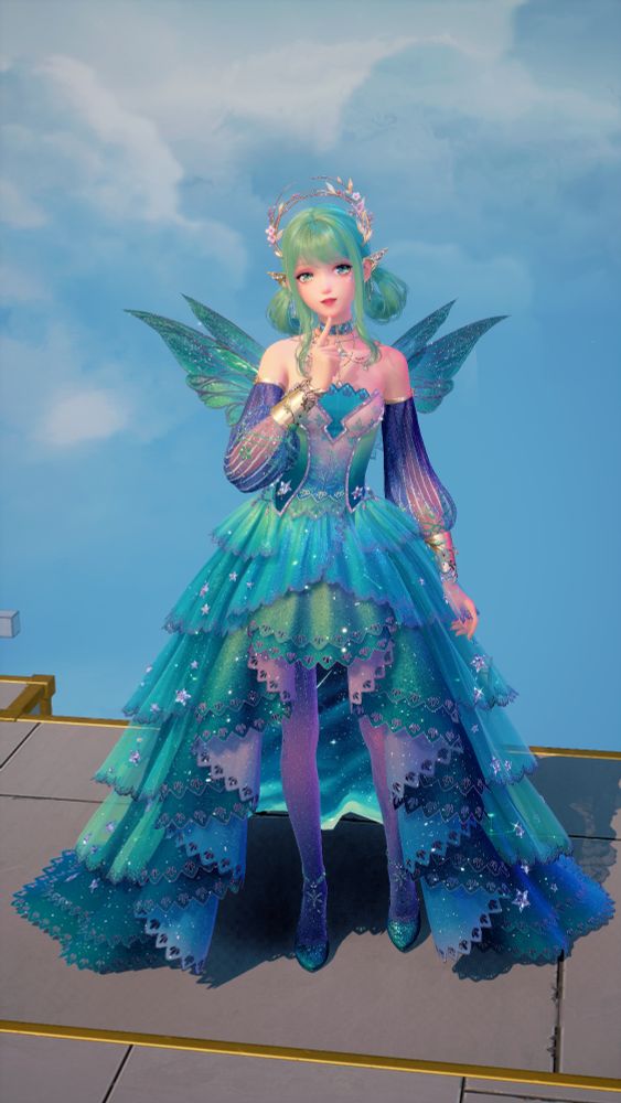 A screenshot from Infinity Nikki showing Nikki posed with her finger on her lips as if in thought while looking at the viewer. She is wearing a purple and teal dyed Star Sea dress, similarly dyed faerie wings, purple puffy sleeves, and a cute soft green hairstyle. Facing the viewer, you can see the inside of the dress, which shows a green aurora glow.