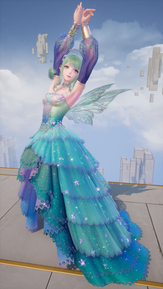 A screenshot from Infinity Nikki showing Nikki posed with her arms extended above her head while looking at the viewer. She is wearing a purple and teal dyed Star Sea dress, similarly dyed faerie wings, purple puffy sleeves, and a cute soft green hairstyle.
