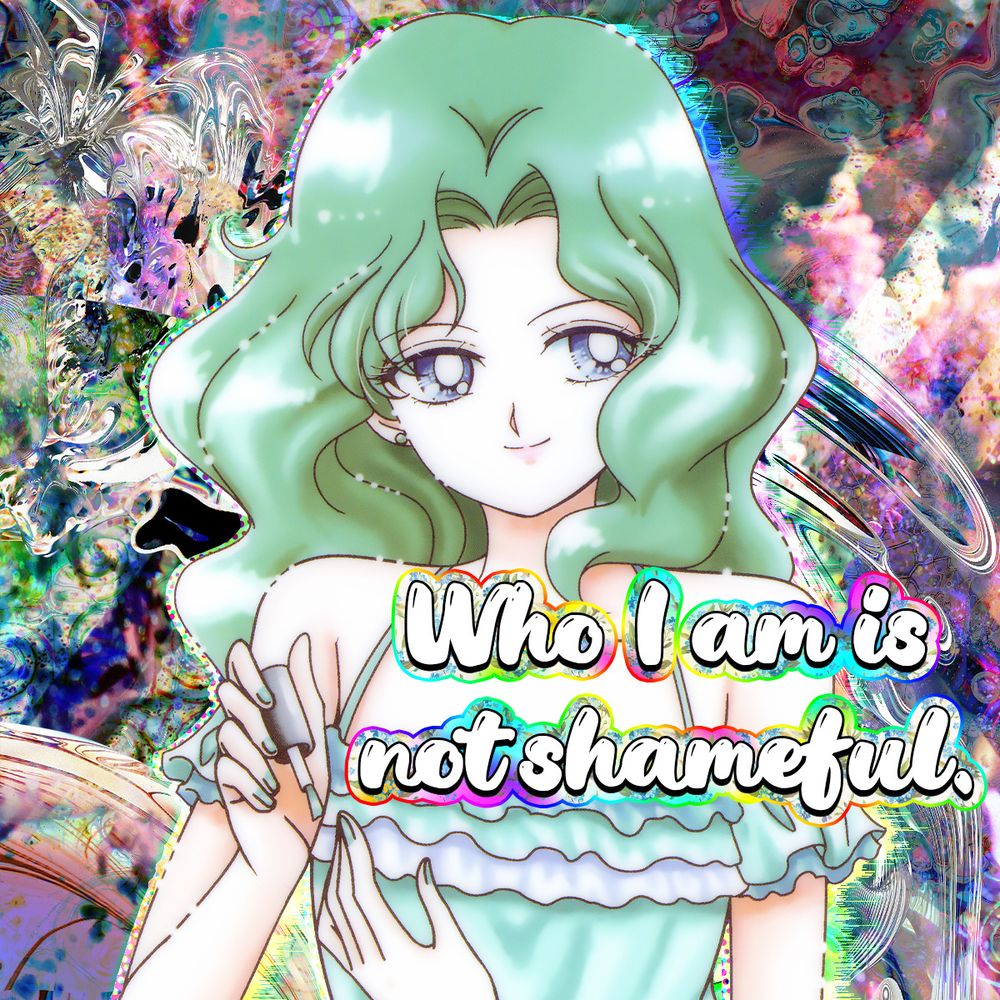 Michiru Kaiou looking at the viewer with a smile. Text reads: Who I am is not shameful.