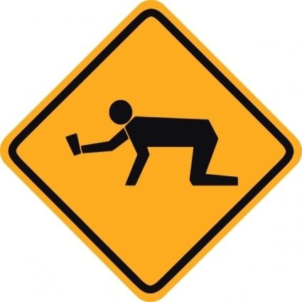 Street sign showing a person crawling while holding a drink.