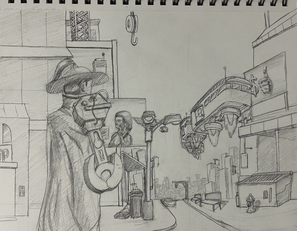 Man with a robotic claw arm stands in an empty cyberpunk city.