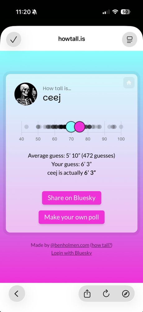 Screenshot of me guessing ceej’s height of 6 foot 3 inches right on the mark first try