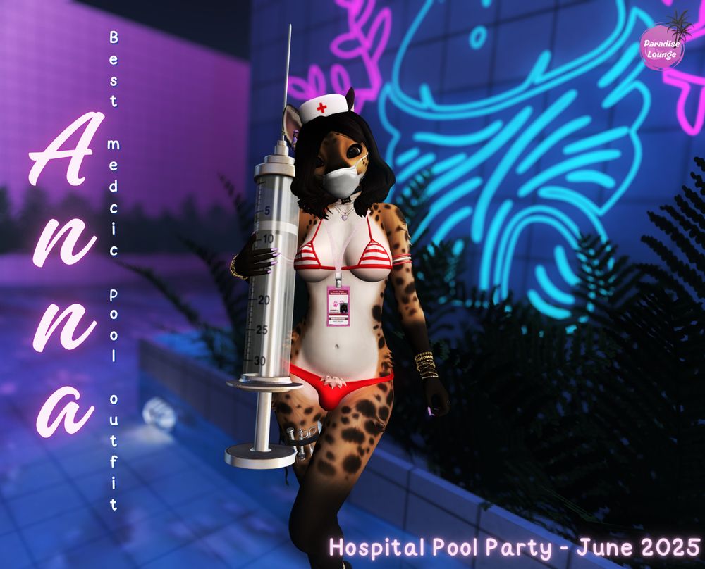 Furry hyena shemale / futa dressed in a bikini with a nurse cap and a giant syringe standing into a pool. Anna is the outfit contest winner of our Paradise Lounge Hospital Pool Party that took place on June 2025 in Second Life. 