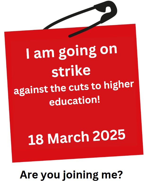 Flyer stating that I am going on strike today against the government's budget cuts on higher education.
